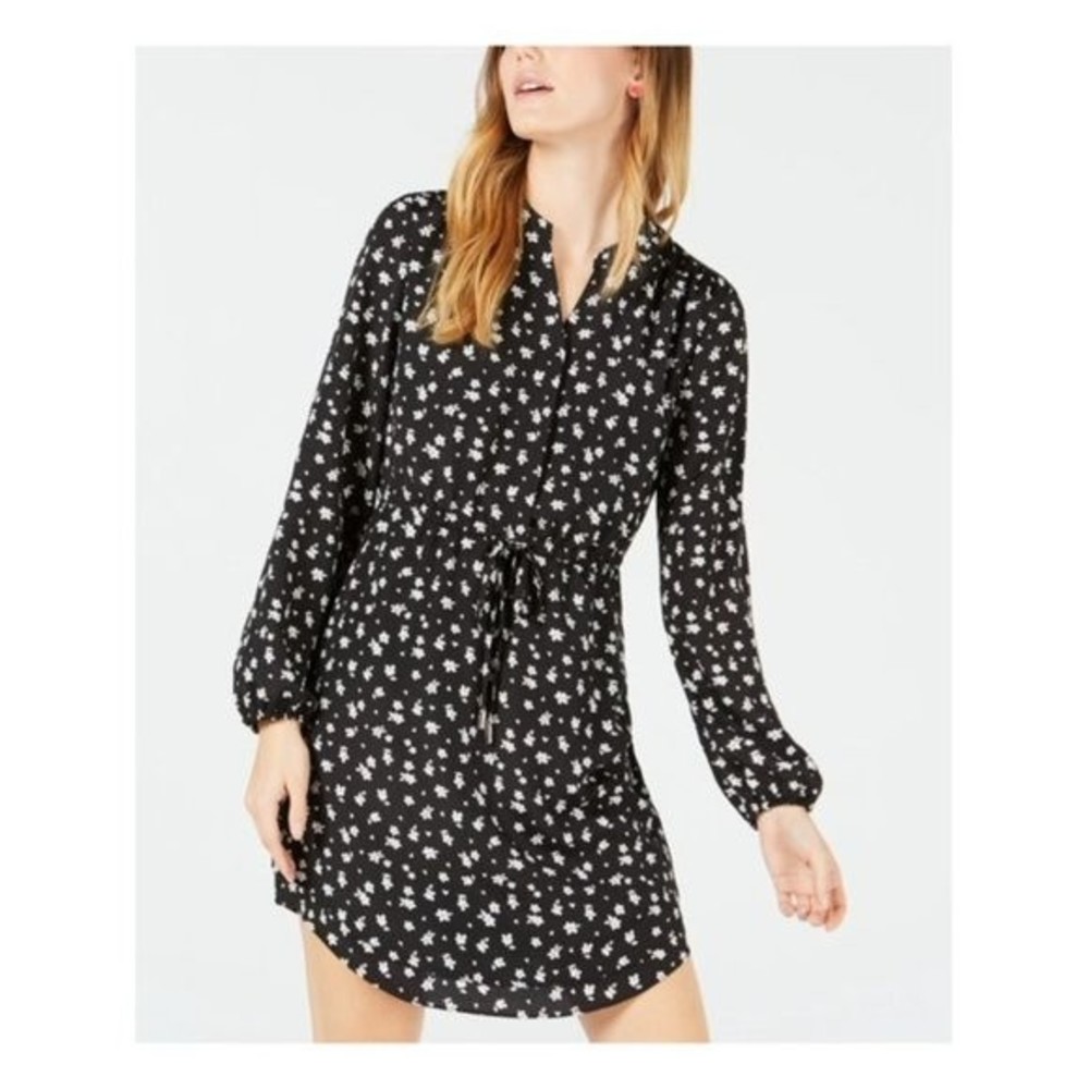 Maison Jules Black White Floral Long Sleeve Shift Dress XXS